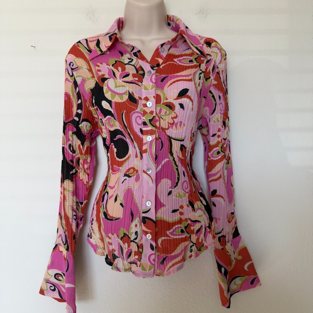 Violet & Claire Women Fairy Top Small Pink Crinkle Bell‎ Sleeve Western Boho 70s